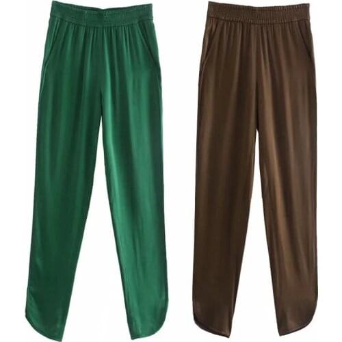 Xikokm 2021 New Women Vintage Solid Satin Pants Female Office Lady Slim Elasticity High Waist Casual Chic Ankle-Length Pants