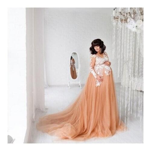 2021 New Arrival Tulle And Lace Maternity Dresses Plus Size Long Sleeves With Train V Neck Photo Shoot Pregnancy Dress