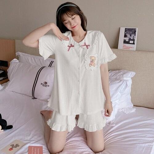 Summer Short-sleeved Pajamas Women Round Neck Two Piece Sets Bear Embroidery Comfortable Home Clothes Doll Collar Lounge Wear