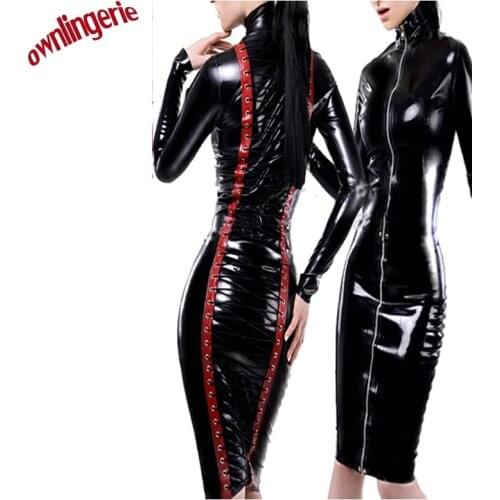 Free shipping Sexy black PU leather long-sleeved bodycon leather dress M7112