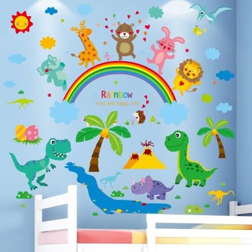 [shjjuekongjian] Dinosaur Animals Wall Stickers DIY Coconut Tree Rainbow Mural Decals for Kids Room Baby Bedroom Home Decoration