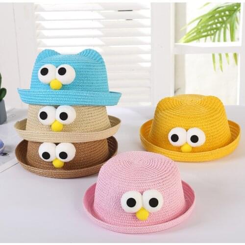Korean 2021 baby straw hat summer kids big eyes decoration cute beach hat children characters girls boys solid color sun hats
