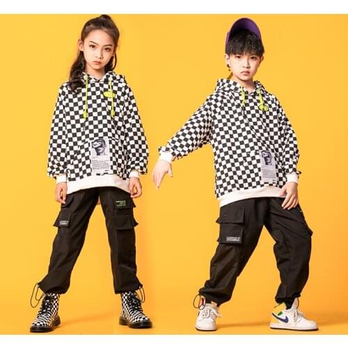 Kids Fashion Hip Hop Clothing Checkered Hoodie Sweatshirt Top Outfits Tactical Cargo Pants for Girls Boys Dance Costume Clothes