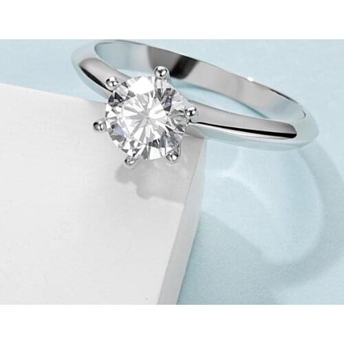 UUNICO One Carat 6.5mm Mosangite Six Prong 925 Silver Plated White Gold Ring Mosang Female Ring