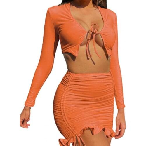 Spring Mini Skirts Outfit Solid Color Long Sleeve Sexy Women Crop Top Ruched Drawstring Sport Two Pieces Matching Set