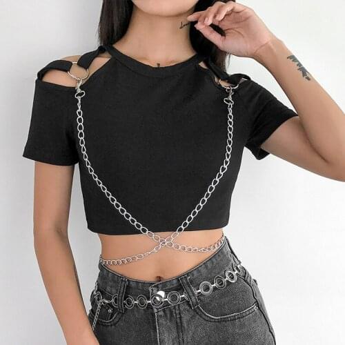 Women Off Shoulder Chain Decoration T-shirts Sexy Show Your Navel Top Dark Gothic Shirt Short Sleeve O-Neck Slim Female Tees