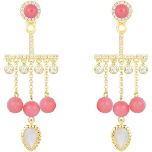 Brand Red Coral Drop Earrings Women 100% S925 Sterling Silver Cubic Zirconia Candy Earrings Fine Party Dinner emerald Jewelry