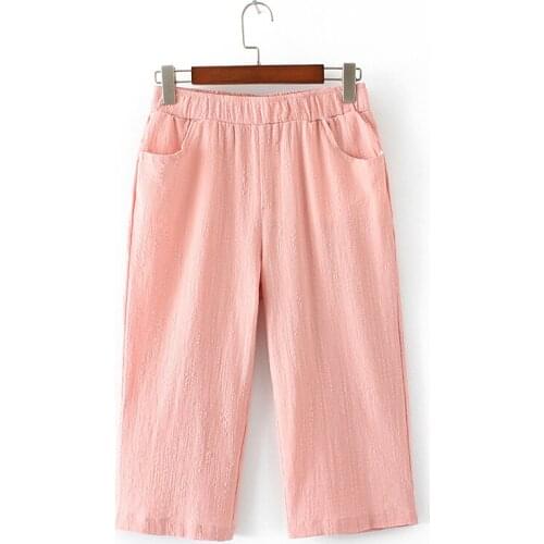 Plus Size Womens Cropped Pants Cotton&Linen Solid Straight Elastic Waist Spring Summer 7/10 Pants