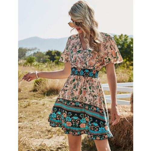 Spring New Bohemia Floral Dress Women Casual V Neck High Waist Short Sleeve Print Dress For Women Fashion Summer Dress K1436