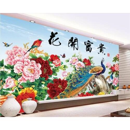 Beibehang 3D wallpaper custom mural wallpaper luxury flower open rich peony peacock Chinese style TV background wall painting