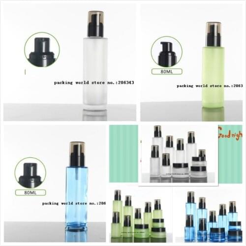 80ml frosted/green/blue/white glass bottle with white press pump lid for serum/lotion/emulsion/foundation/gel cosmetic packing