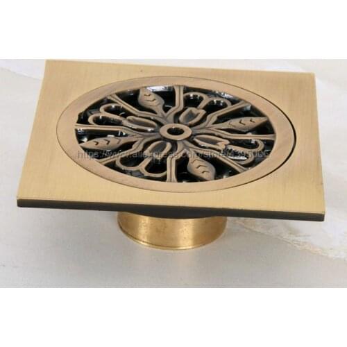 Antique Brass Art Carved Flower Floor Drain Bathroom Shower Square Drain Strainer Bathroom Accessories Bhr046