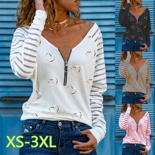 Blouse Heart-shaped Printing Womans Bloom V-neck Zipper Long Sleeve T-shirt Fashionable Shirt For Women