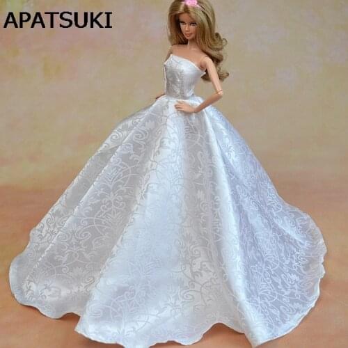 Pure White Formal Wedding Dress For Barbie Dolls Clothes Party Dress + Hat Lace Vestido Gown For 1/6 Dolls Clothes