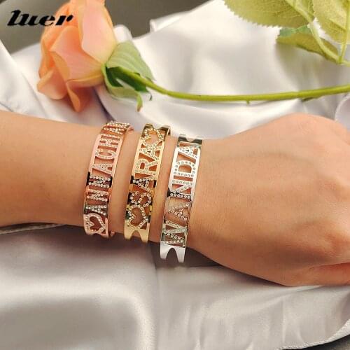 LUER Custom Bracelet Personalized/Name Letter CZ Zircon Cuff Bangles With Rhinestone for Women Jewelry Valentines day Gift