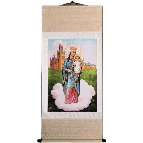 Artificial Silk Our Lady of Sheshan la Virgin Mary Catholic Holy Land Art Print Painting Wood Hanging Rod Wall Decoration Maria