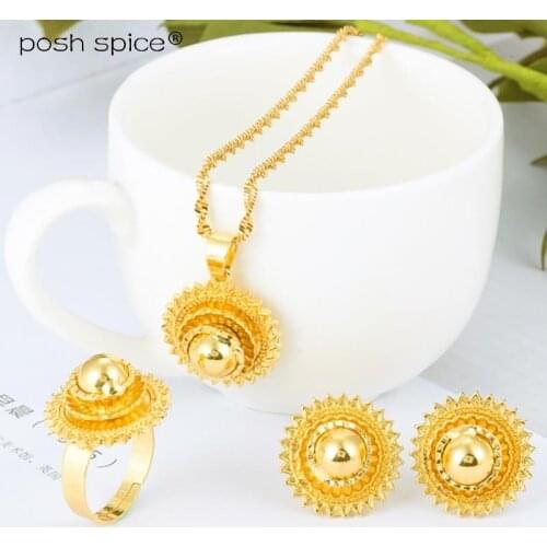 Ethiopian Necklace Earrings Ring Set African Bridal Jewellery sets Habesha Eritrea Wedding Small Jewelry set Dubai Jewelry