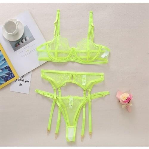 3Pcs Women Lingerie Set, Sleepwear Set Sheer Adjustable Spaghetti Strap V-Neck Bra + Thongs + Waistband Garters Suit for Girls