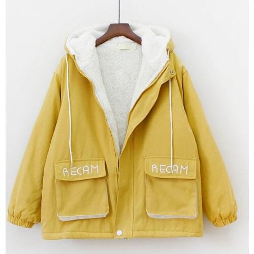 Autumn Winter Plus Velvet Thickening Tooling Jacket Korean Harajuku Hooded Loose Warm Women Clothing Pocket Letter Printing Coat