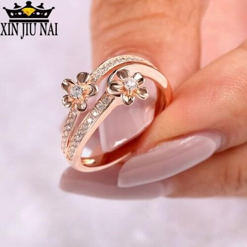 New Fashion Rose Gold Color Flower Wedding Ring Two Flowers Bohemia Style Zircon Wave Rings For Women Love Gifts Jewelry 6-10