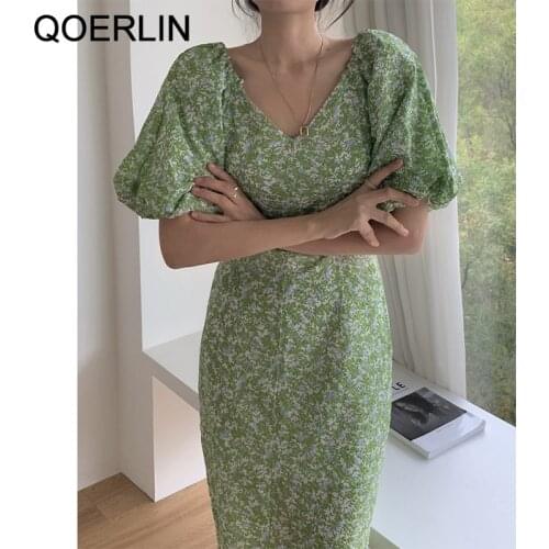 QOERLIN Chic Floral Dress Women Summer Short Sleeve French Romantic Holiday Style Print V-Neck High Waist Slim Puff Sleeve Dress