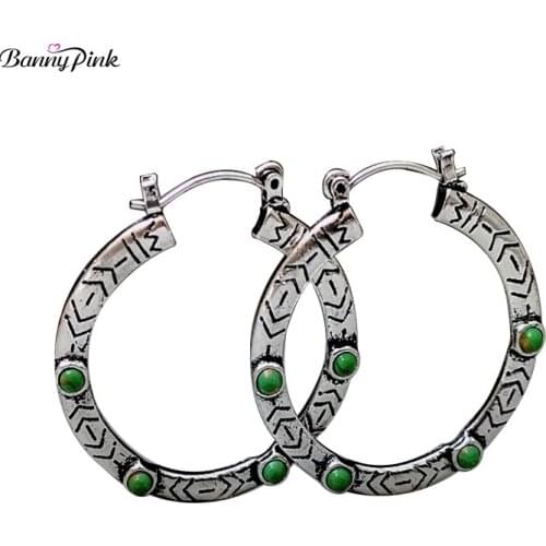 Banny Pink Ethnic Metal Turquoises Stone Stud Earrings For Women Vintage Single Row Chic Fashion Jewelry Gift Brincos