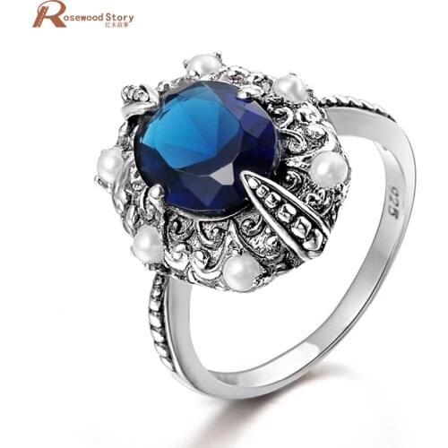 Vintage 925 Real Sterling Silver Ring Female Created Sapphire Stone For Women Fashion Pearl Ring Finger Charm Handmade Jewelry