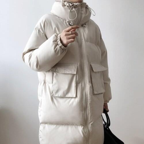 New style medium long padded thicken women white khaki coat black oversize loose girl jacket lady korean stand collar
