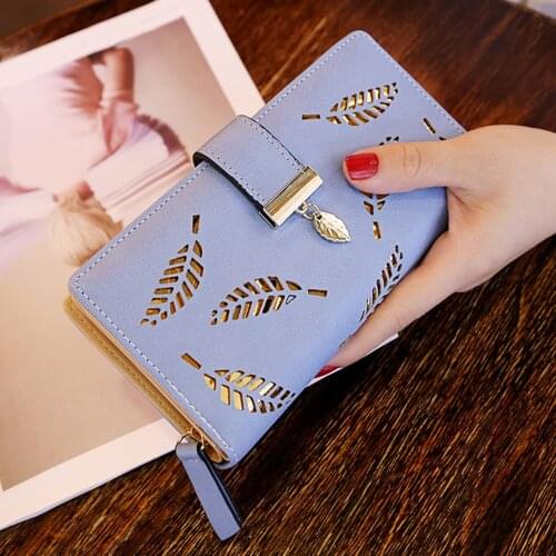 Women Wallet PU Leather Purse Female Long Wallet Gold Hollow Leaves Pouch Handbag For Women Coin Purse Card Holders Clutch