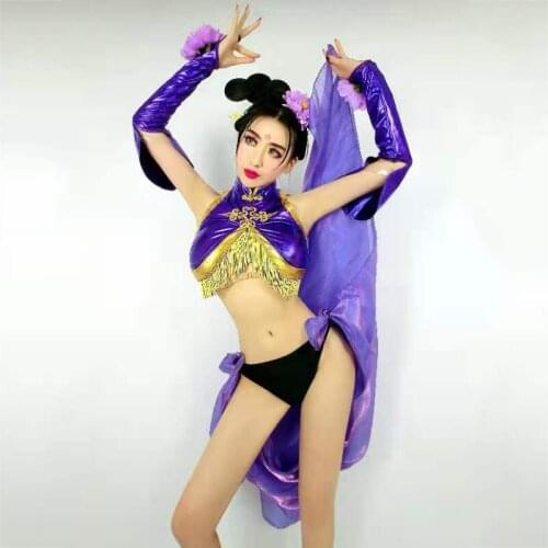 Mid-Autumn Festival Clothes Bar Ds Dance Gogo Women Retro Dj Costume Purple Long Skirt Sexy Cosplay Suit Rave Outfits XS2087