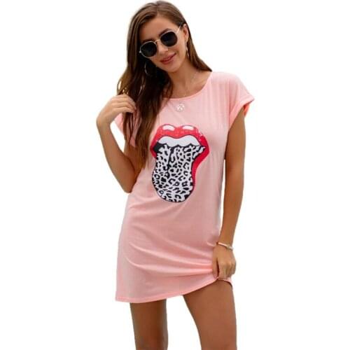 2021 Summer Womens Fashion Skirt Round Neck Low Waist Mouth Print Short Sleeve Street Hipster Style Dress