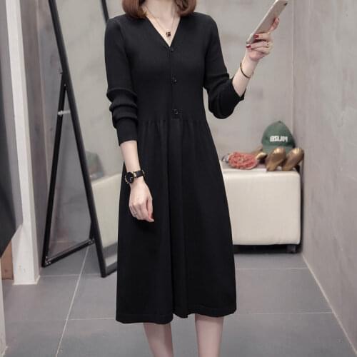 Black Dress Long Sleeve Midi Fashion V Neck Knitted Sweater Shirt Dress For Women Autumn Winter All Match Jumper Tops 2021 M193
