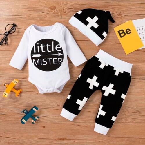 Newborn Hat Boys Outfits Baby Boy Girl Letter Printing Long-sleeved Romper Pants Hat Suit Autumn Clothing 3PCS Set