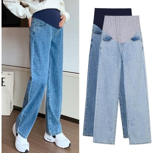 8953# Autumn Fashion Denim Maternity Straight Long Jeans Wide Leg Loose belly Pants Clothes for Pregnant Women Pregnancy Casual