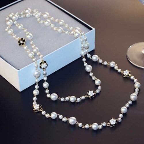 Long Pearl Camellia Flower Necklace Fashion Multi-layer Sweater Chain Necklace for woman