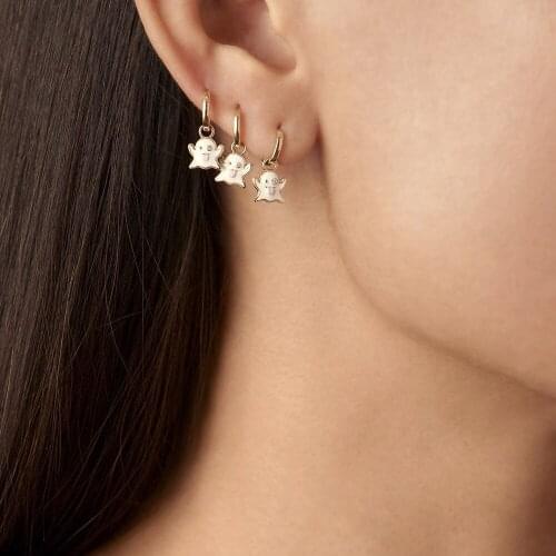Street Shot New Earrings Cute Mini White Inlaid Ghost Copper Buckle Pendant Earrings 3-pieces Set