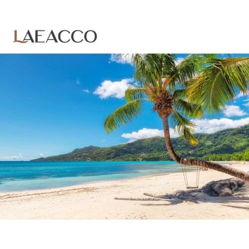 Laeacco Tropical Backdrops Sea Beach Palms Tree Swing Island Cloudy Sky Scenic Photographic Backgrounds Photocall Photo Studio