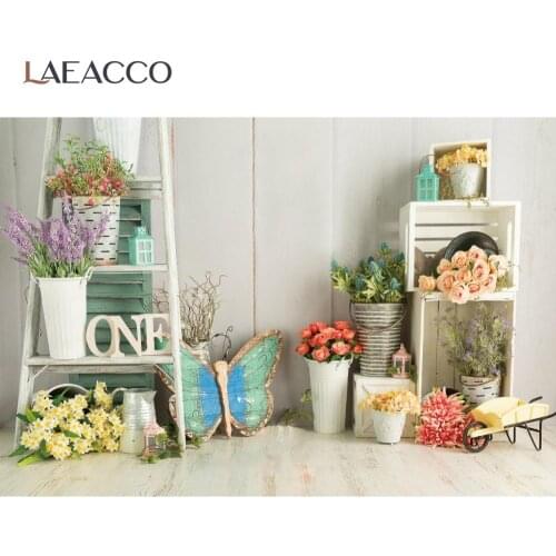 Gray Wood Ladder Spring Potted Flowers Baby Child Portrait Photographic Background Digital Photo Studio Photo Backdrop Photocall