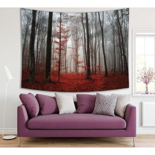 Tapestry Mystic Forest Trees Red Leaves Foggy Morning View Autumn Nature Grey in Decorating Art