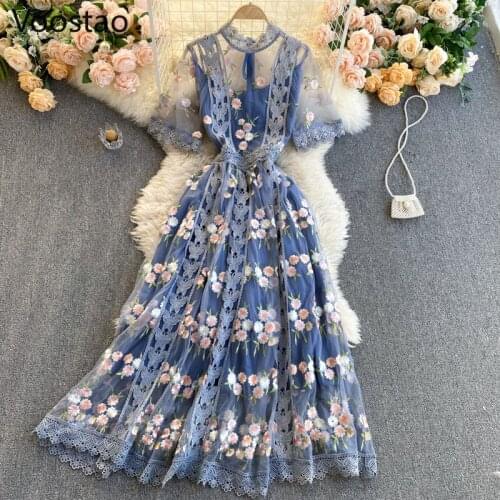 Summer Vintage O-Neck Floral Embroidery Party Dress Women French Gentle Mesh Fairy Dresses Female Chic Lace Slim Holiday Dress