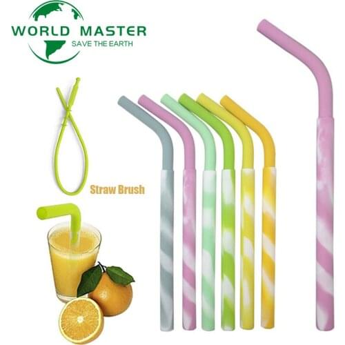 World Master Striped Reusable Juice Coffee Drinking Straw Silicone Bent Straw with Cleaner Brush Mugs Bar Pub Party Accessories