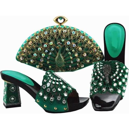 Fashionable teal women pumps and bag set with big crystal decoration african shoes match handbag for dress QSL004