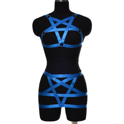 Fashion Royal Blue Harness Body Cage Hollow Elastic Adjust Sexy Lingerie Set Rave Dance Costume Pentagram Body Harness