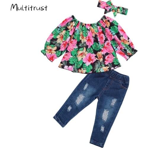 2020 Autumn Kids Clothing Flora Print Long Sleeve Tops Blouse+Denim Long Pants For 0-5Y Girls Toddler 2pcs Set