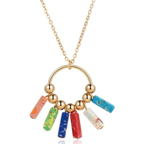 Chakra Necklace Jewelry Handmade Multi Color Natural Stone Tube Beads Leather Wrap Necklace Couples Necklace Creative Gifts