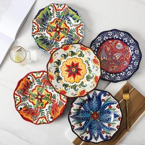 Creative Hand-Painted Ceramic Plate Round Plate Dish Bohemian Style Flower Tableware Western Steak Salad Dessert Plate