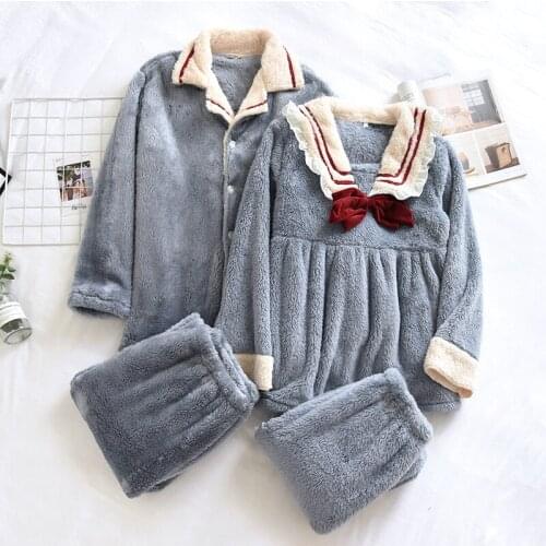 Gray Lovers Velour Pajamas Suit Shirt&Pants Nightgown 2PCS Sleepwear Couple Winter Pyjamas Sets Casual Nightwear Home Clothing