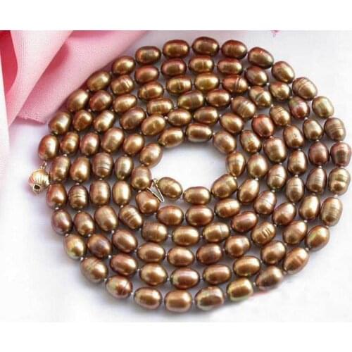Unique Pearls jewellery Store 50'' 8x9mm Rice Chocolate Freshwater Pearl Necklace Long Pearl Jewelry Charming Women Gift