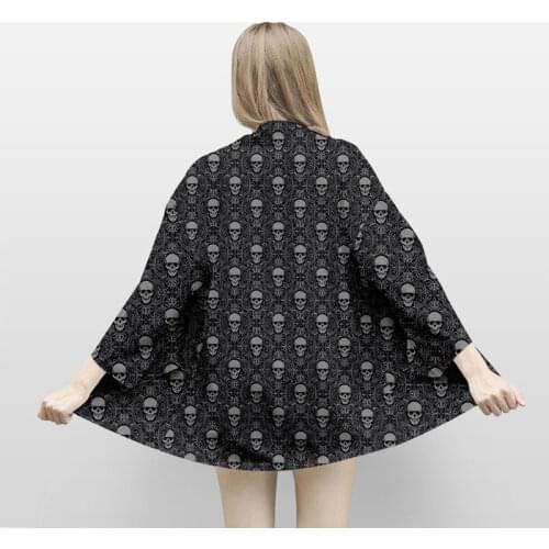 Japanese Streetwear kimono shirt men/women Summer Japanese Harajuku Horror Skull mens chiffon shirt Casual kimono Cardigan
