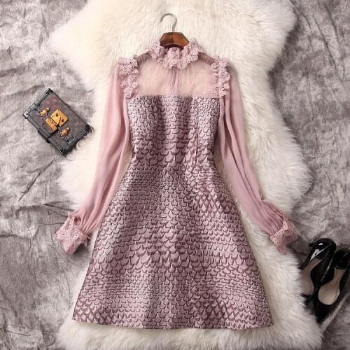 European and American womens wear in 2018 The new spring Lace collar chiffon Spell jacquard perspective Long sleeve dress